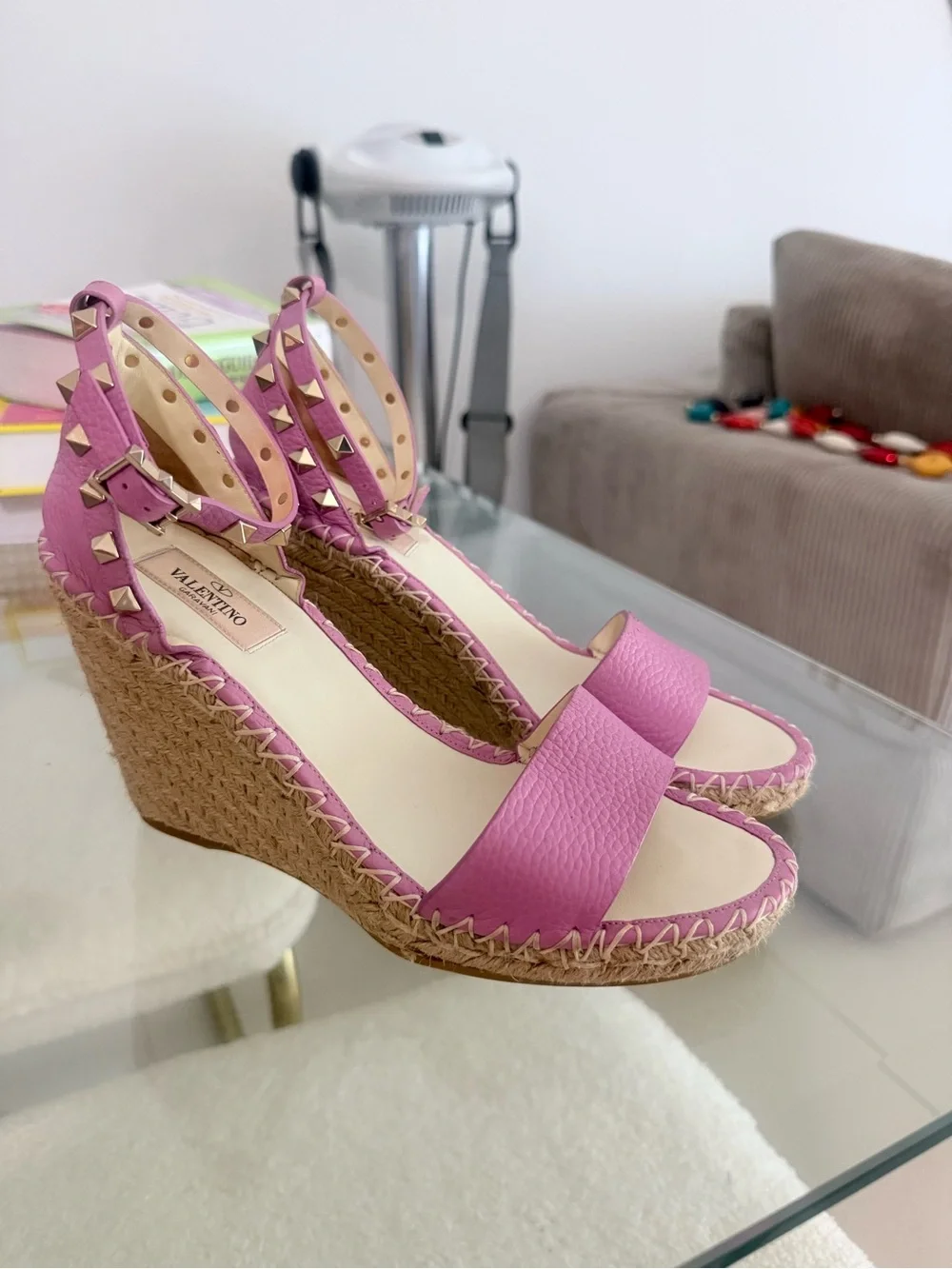 Valentino Garavani Women’s Pink Espadrille Wedge Sandals with Ankle Strap